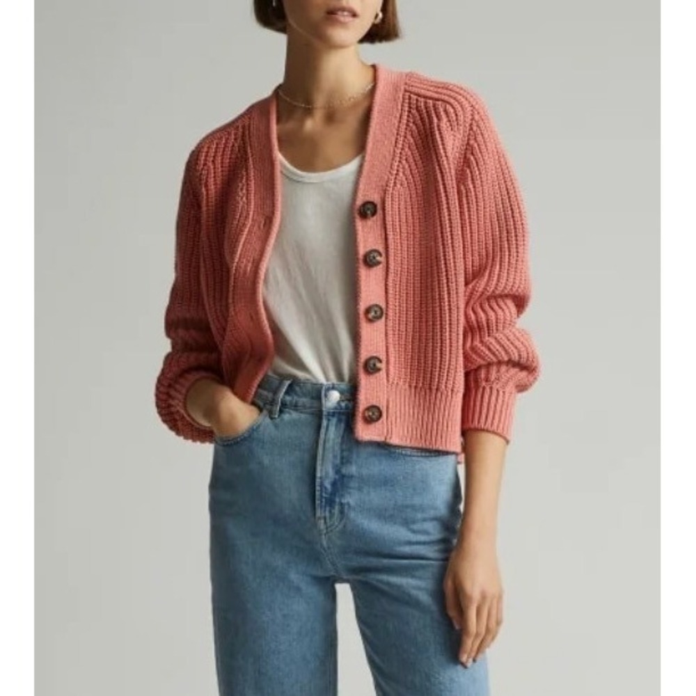 Everlane Women Texture Cotton Cardigan Rust Orange V-Neck Button Small 2903